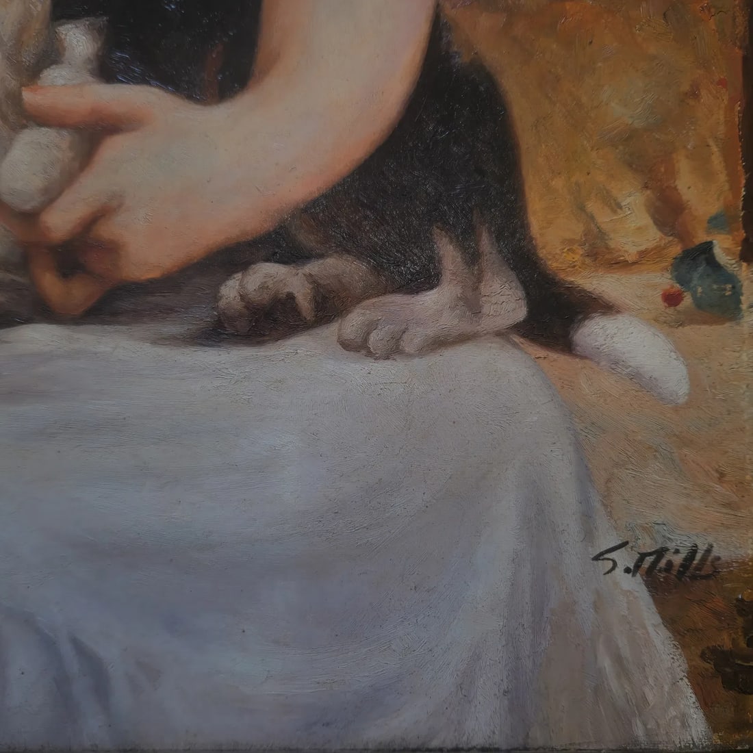 Mid-20th Century Signed S. Tille - Portrait of a Young Girl With Puppy, Oil on Canvas - 3