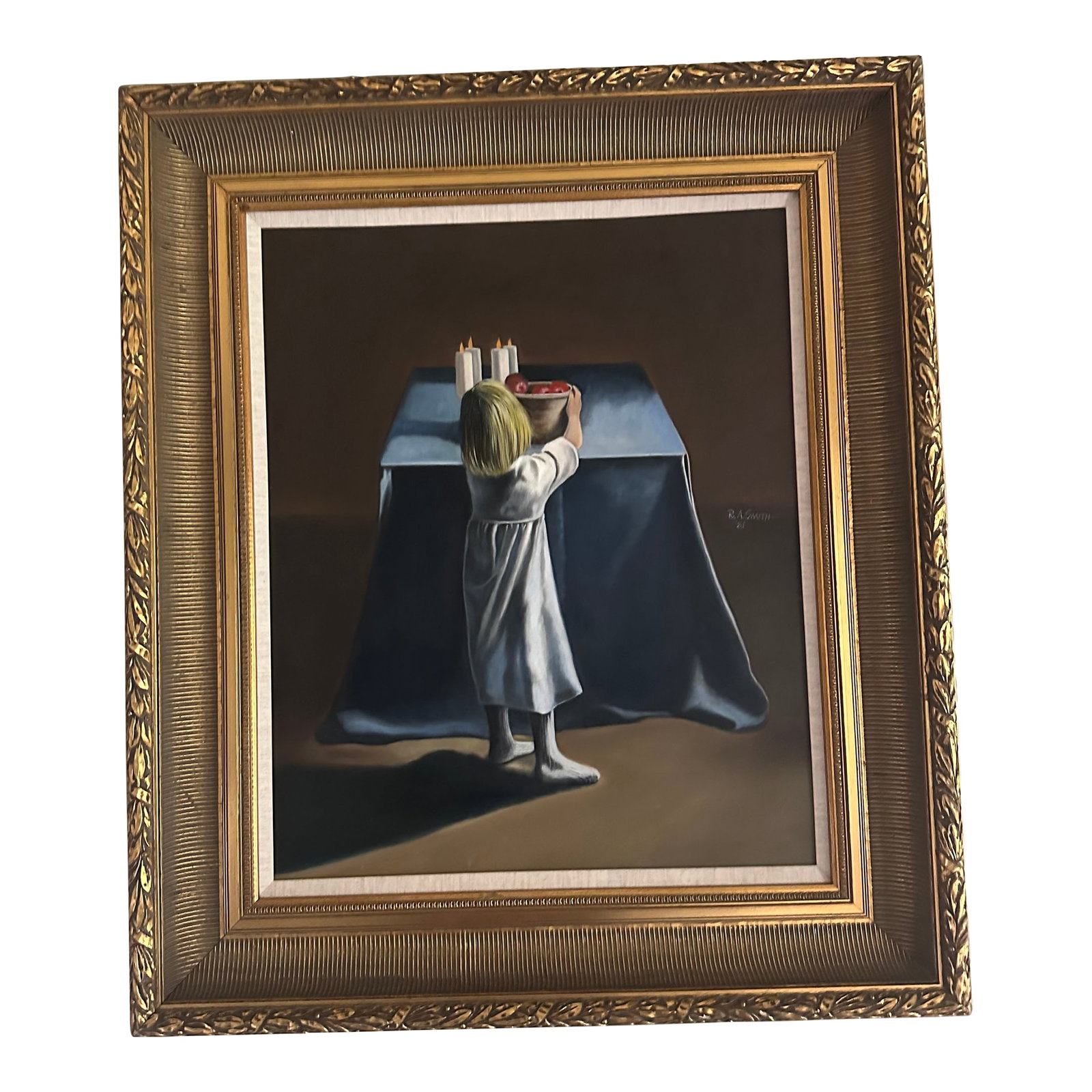 Vintage 1981 r.a. Smith Signed Oil Painting Figurative "Girl at Table": A signed and dated (1981) original oil painting by R.A. Smith "” a quietly compelling figurative composition of a young girl reaching toward candles at a draped table. The warm, earth-toned pale