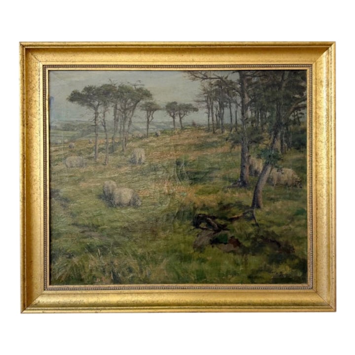 Antique 1800s Pastoral Landscape - Signed Oil on Canvas: A traditional European pastoral scene, with rich verdant landscape, sherpherd and flock. Antique oil on canvas from the late 1800s, signed. Framed: 36w x 30h Sight: 31 w x 24.5h Condition: