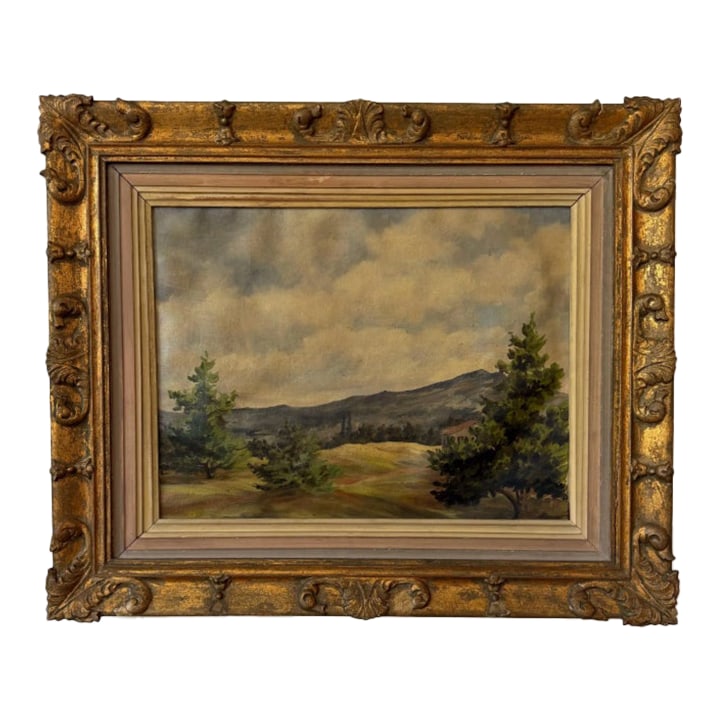 Antique Oil on Canvas - Mountain Landscape Signed: A beautiful rolling landscape oil on canvas painting, signed in the lower left corner. Presented in it's original hand-carved gilt wood frame. Good antique condition. Framed: 21 high x 25 wide Sight: