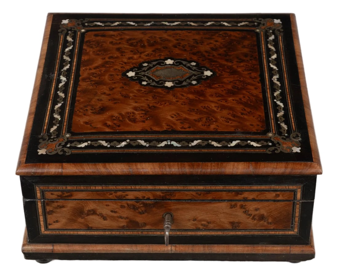 19th Century Napoleon III Marquetry Box, Mother of Pearl Inlay: A 19th Century French Napoleon III marquetry box, hand-crafted of walnut and thuya burl wood veneers with ebonized trim. Fine mother-of-pearl and brass inlay with center medallion on lid, perfect for 