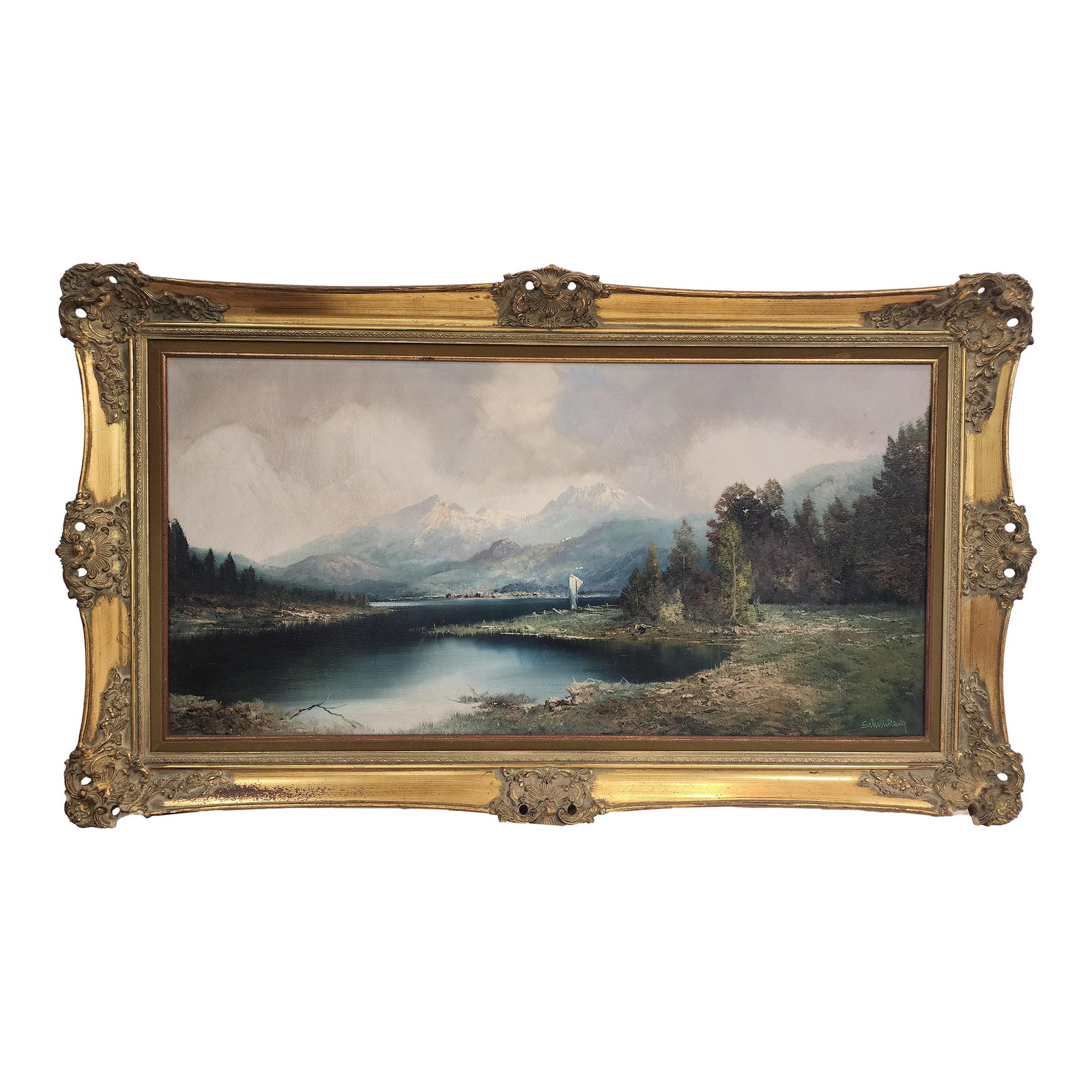 Mid 20th Century Gorgeous Original Oil Landscape Painting in the Style of the Hudson River Schools: This beautiful landscape is quite large and definitely a statement piece. The dramatic sky and colors will add depth and warmth to a room. Please see photos as there are small places where there is mi