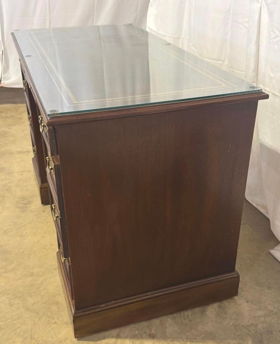 Vintage Sligh Furniture Chippendale Mahogany and Tooled Leather Top Partners Desk With Glass - 6