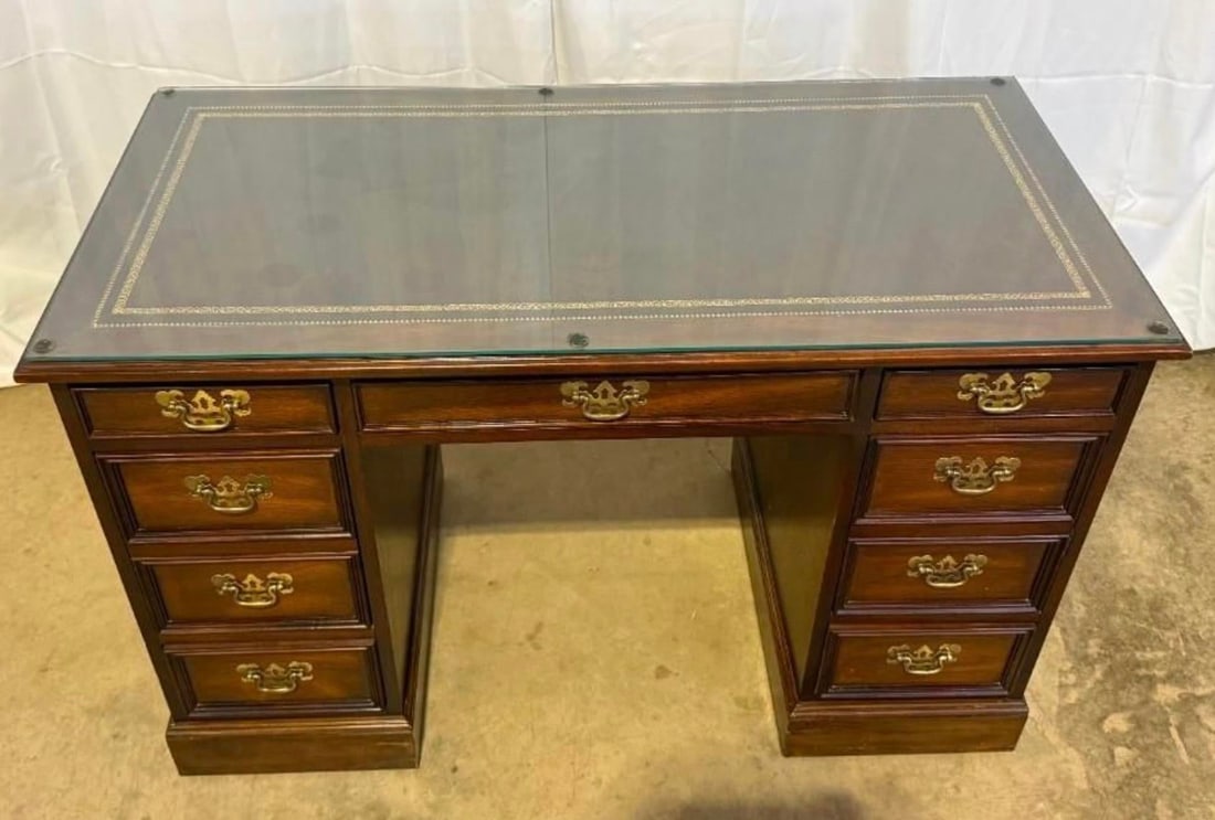Vintage Sligh Furniture Chippendale Mahogany and Tooled Leather Top Partners Desk With Glass - 9