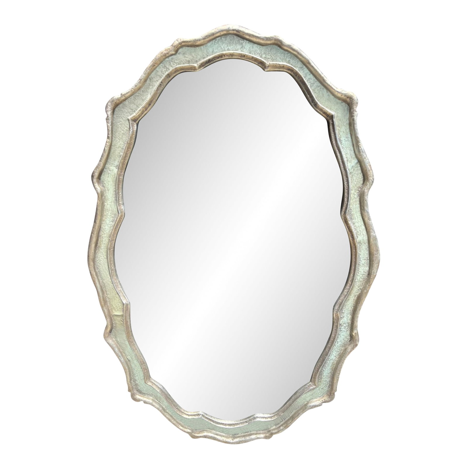 Large Cast Metal Oval Cartouche Mirror,, Silver-Gilt & Celedon: Solid cast metal oval mirror in a scalloped cartouche form. Silver-gilt finish "” a warm amalgam of silver finish with a light gold lacquer with a painted celedon sage, almost teal inset panel t