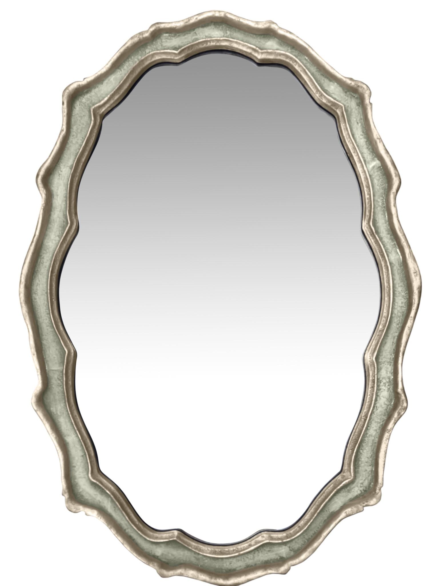 Large Cast Metal Oval Cartouche Mirror,, Silver-Gilt & Celedon - 2