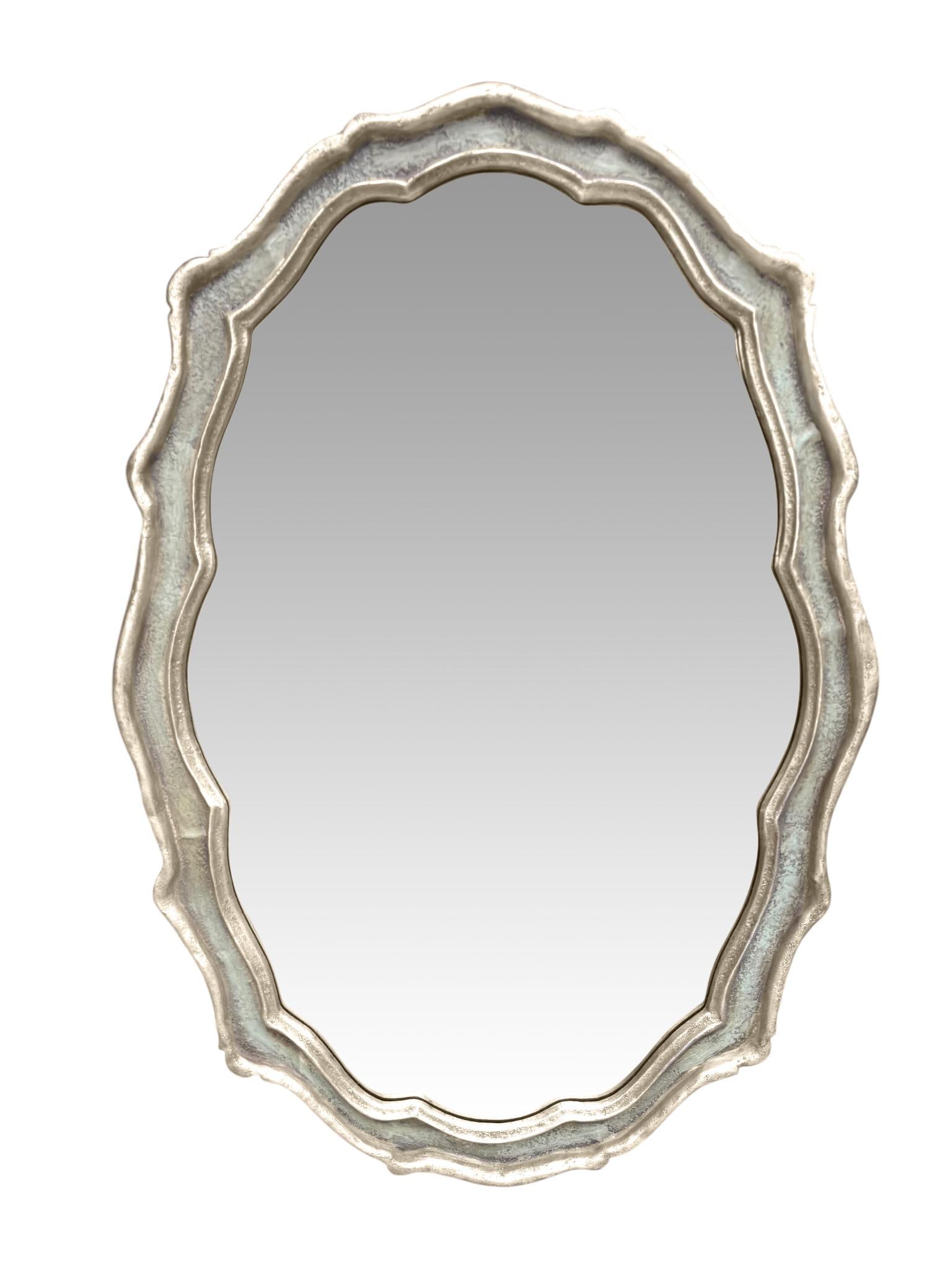 Large Cast Metal Oval Cartouche Mirror,, Silver-Gilt & Celedon - 4