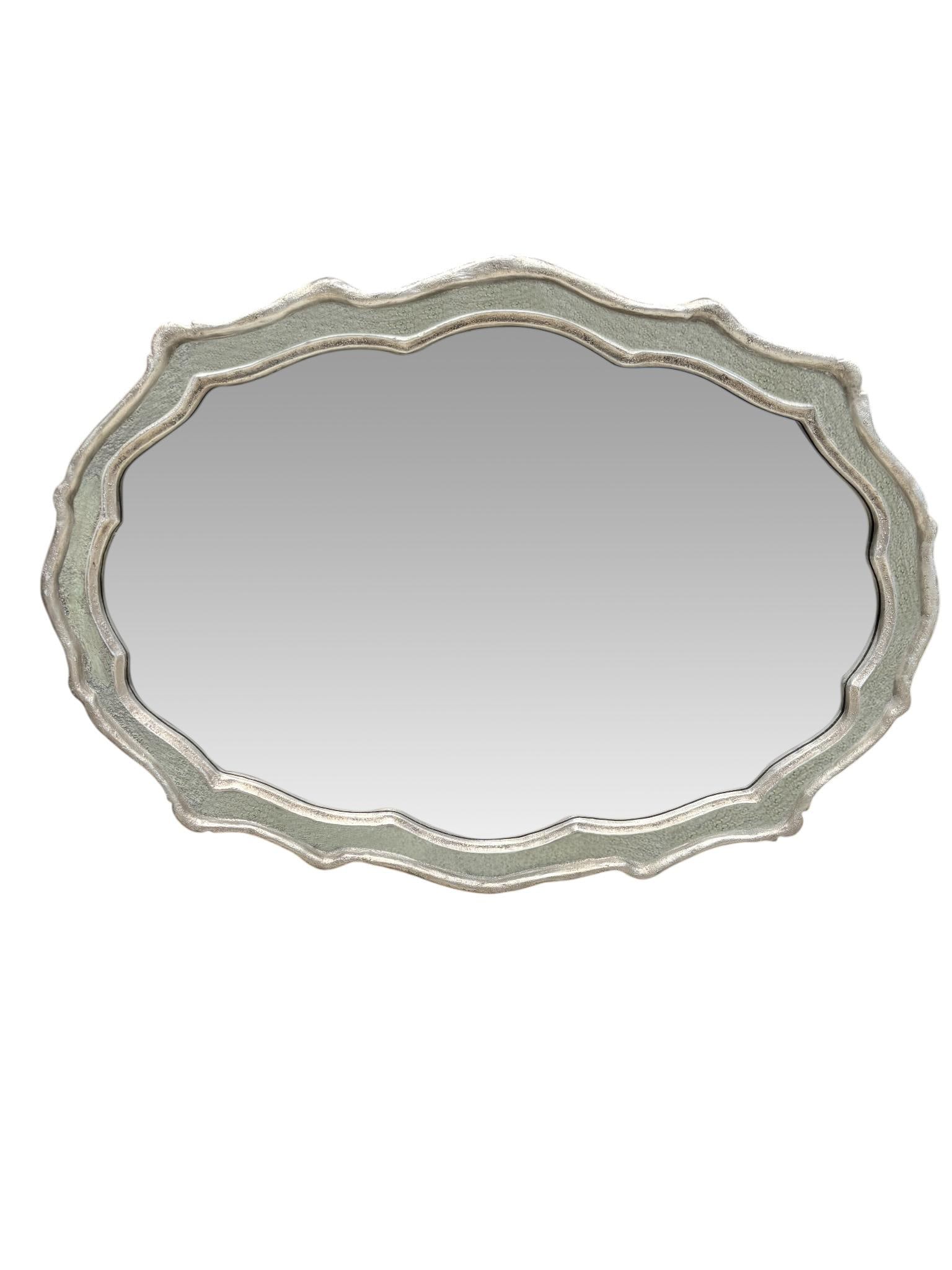 Large Cast Metal Oval Cartouche Mirror,, Silver-Gilt & Celedon - 5
