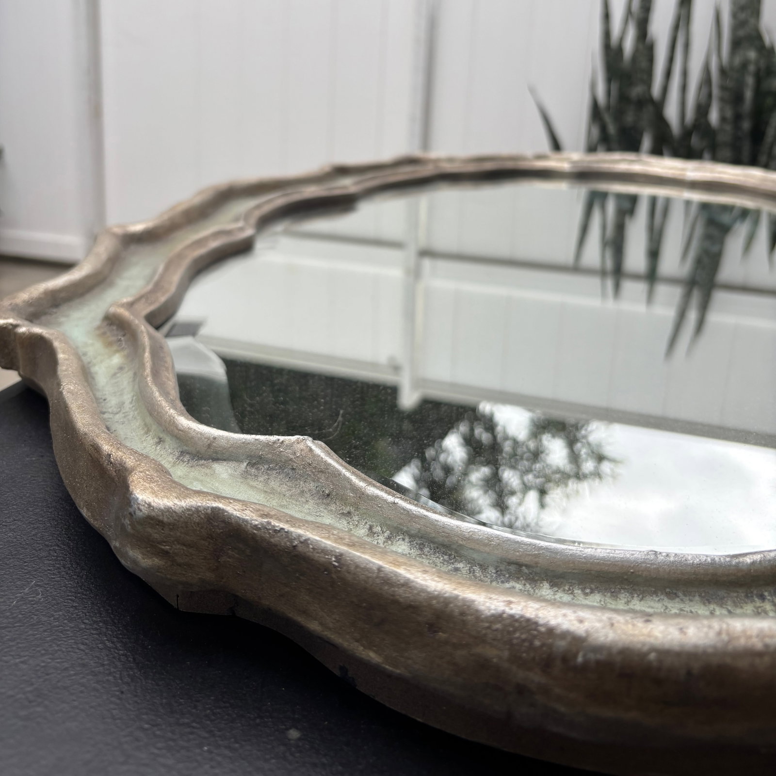 Large Cast Metal Oval Cartouche Mirror,, Silver-Gilt & Celedon - 8