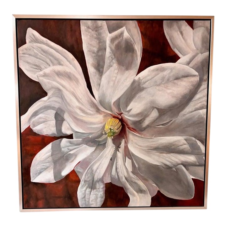 Framed Oil on Canvas Magnolia by Shelly Gurton Titled "Margaux": Titled "Margaux", this stunning white Southern Magnolia was painted by Shelly Gurton, a native of Georgia, born and raised in Savannah and Atlanta. She attended the University of Georgia where she rec