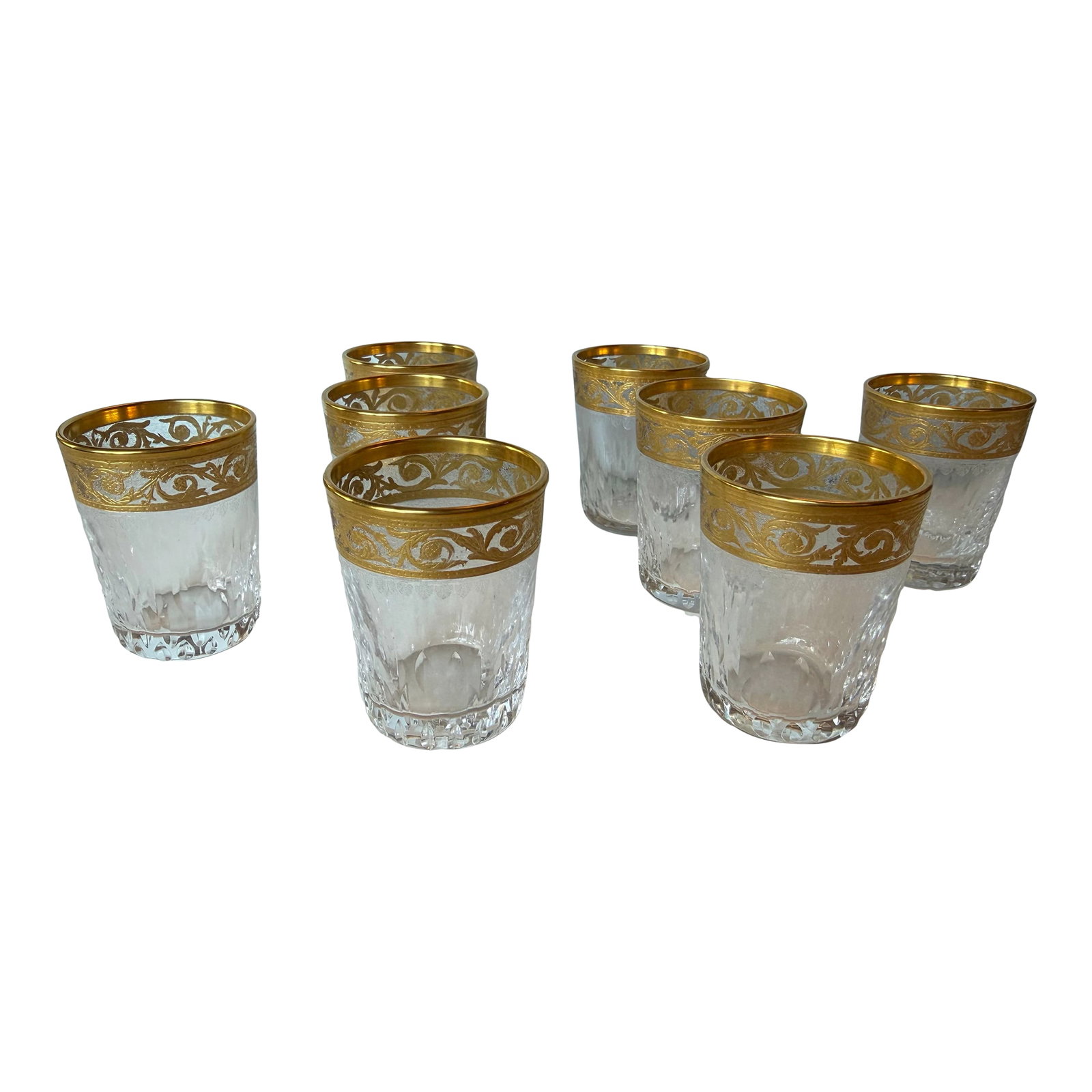 Early 20th Century Saint-Louis "Thistle Gold" Crystal Cordial Glasses – Boxed Set of 8: A boxed set of eight Saint-Louis crystal cordial glasses in the maison's iconic gold-encrusted Thistle pattern, retaining their original blue silk-lined presentation box. From a private American