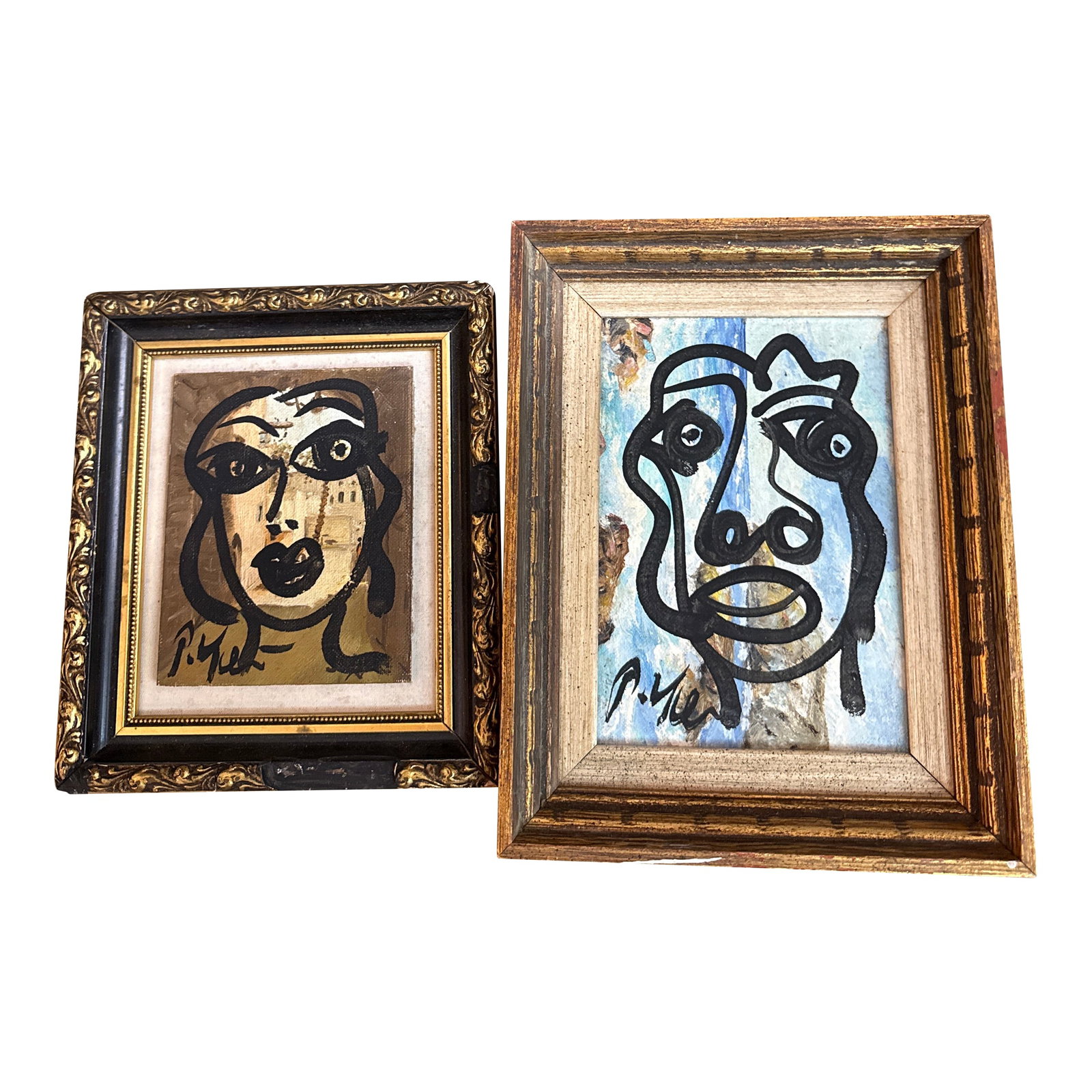 1970s Miniature Peter Keil Pair of Paintings: 1970s Pair of unusual miniature Peter Keil Abstract Paintings. Each is comprised of oil on board depicting an abstract face over a impressionist scene. COA on back guaranteed authentic direct from Pet