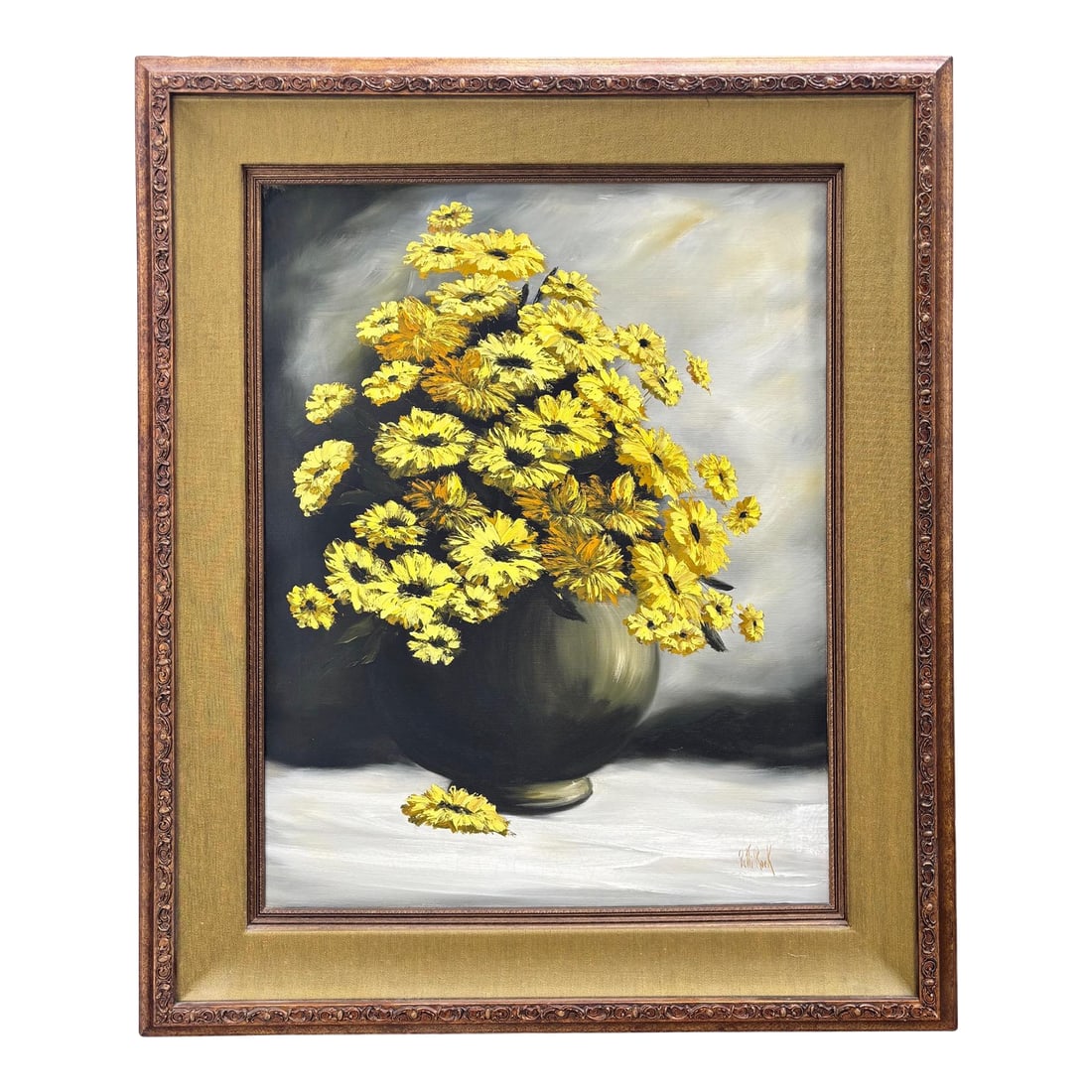 Original Mid-Century Oil on Canvas, Yellow Daisy Still Life, Signed Patti Rock, (1927 - 2004): Vibrant original oil on canvas by celebrated Southern California artist Patricia "Patti" Rock (1927–2004), depicting an abundant bouquet of yellow daisies cascading from a vase against a