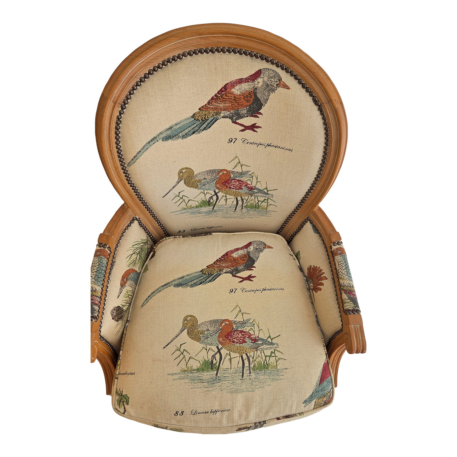 1980s French Louis XVI Style Armchair With Upholstered Bird Tapestry Fabric: Louis XVI Style Bergere Medallion Oval Backed Modern Reproduction with fluted legs, carved beechwood Mid 1980-mid 1990 made by Old Hickory Tannery, a luxury American furniture maker in Newton, NC. It 