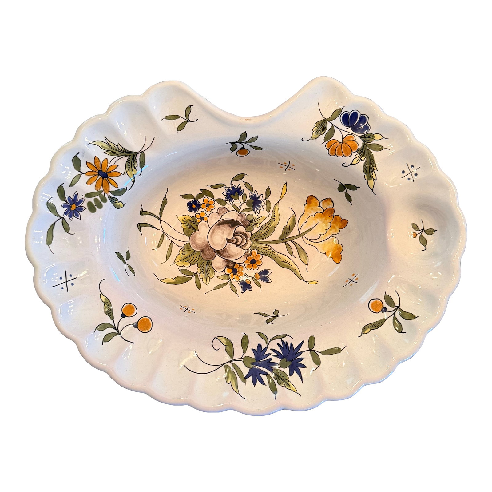 Antique French Faience Shaving Bowl: Antique shaving dish from France. Beautiful hand painted blue and gold flowers with green foliage. Please view all pictures. Condition: Alterations: Original Condition Unaltered Imperfections: Some