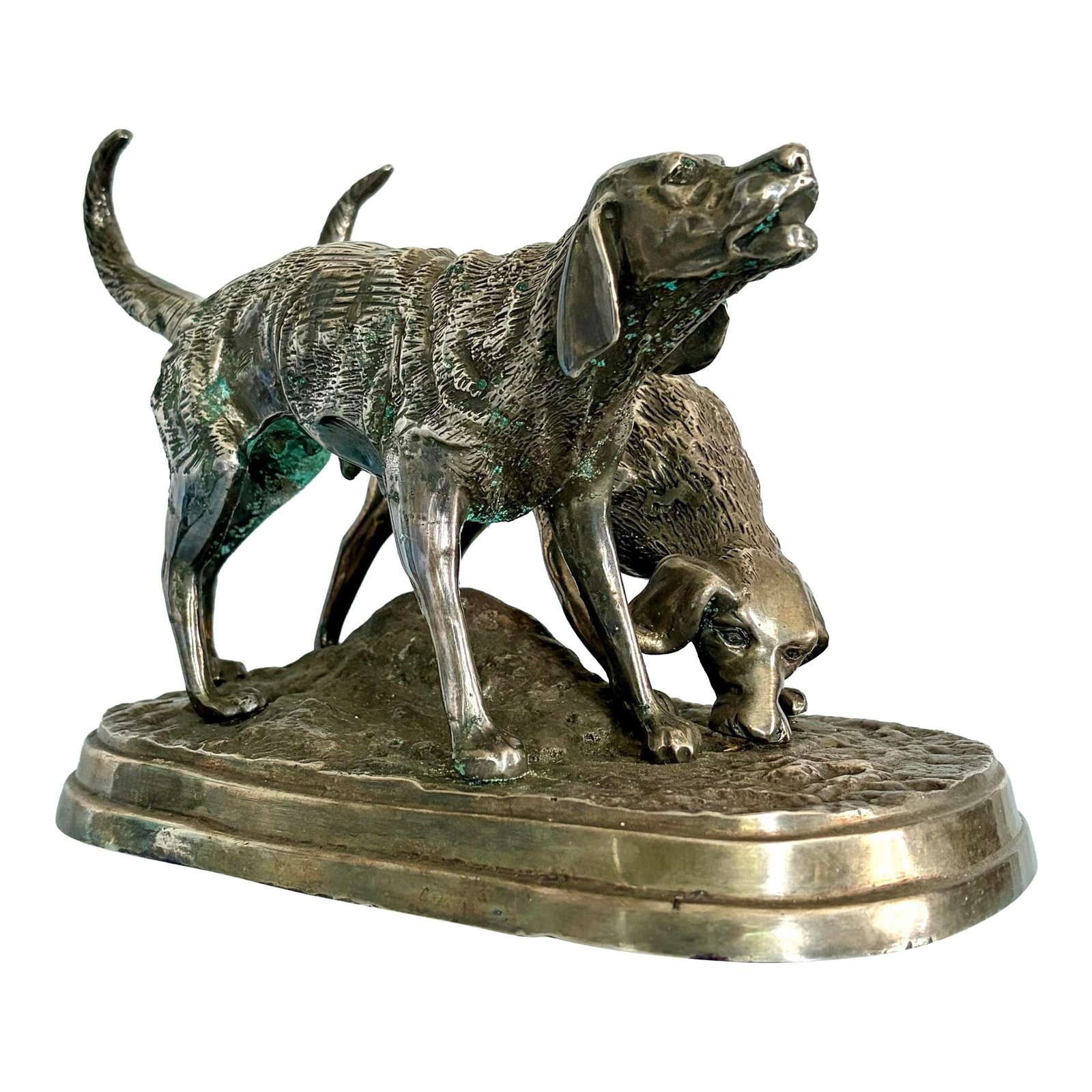 Mid 20th Century French Animalier Style Hunting Dogs Sculpture After Alfred Dubucand: A charming French Animalier-style bronze silver leafed sculpture depicting a pair of hunting dogs in active pursuit of scent. One dog stands alert with head raised and tail upright while the second