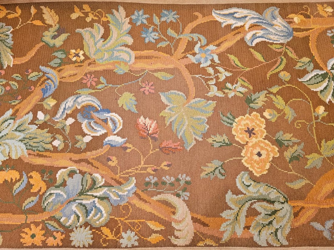 Vintage French Needlepoint Runner, Wool & Cotton, Floral Design, 1920s, 4' X 15' - 12