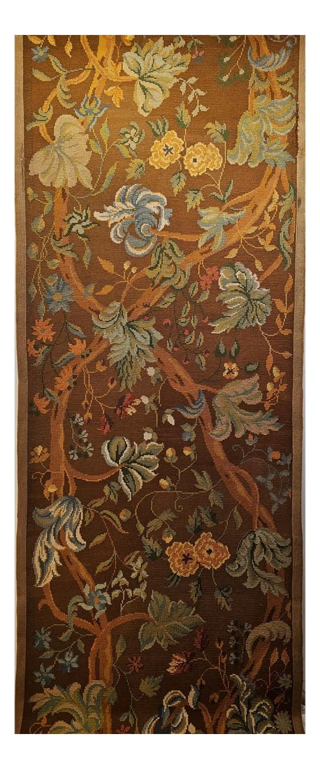 Vintage French Needlepoint Runner, Wool & Cotton, Floral Design, 1920s, 4' X 15': A beautiful early 20th century French needlepoint runner featuring a graceful and symmetrical Tree of Life design of poetic beauty "” trees reaching toward the heavens, their branches adorned
