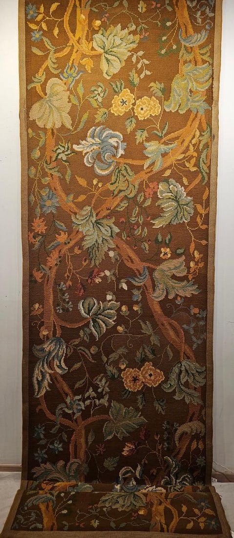 Vintage French Needlepoint Runner, Wool & Cotton, Floral Design, 1920s, 4' X 15' - 2