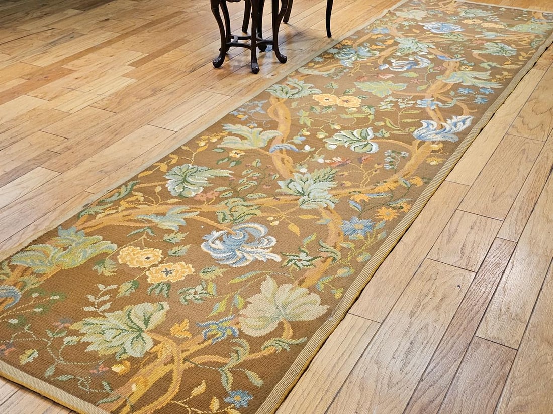 Vintage French Needlepoint Runner, Wool & Cotton, Floral Design, 1920s, 4' X 15' - 7