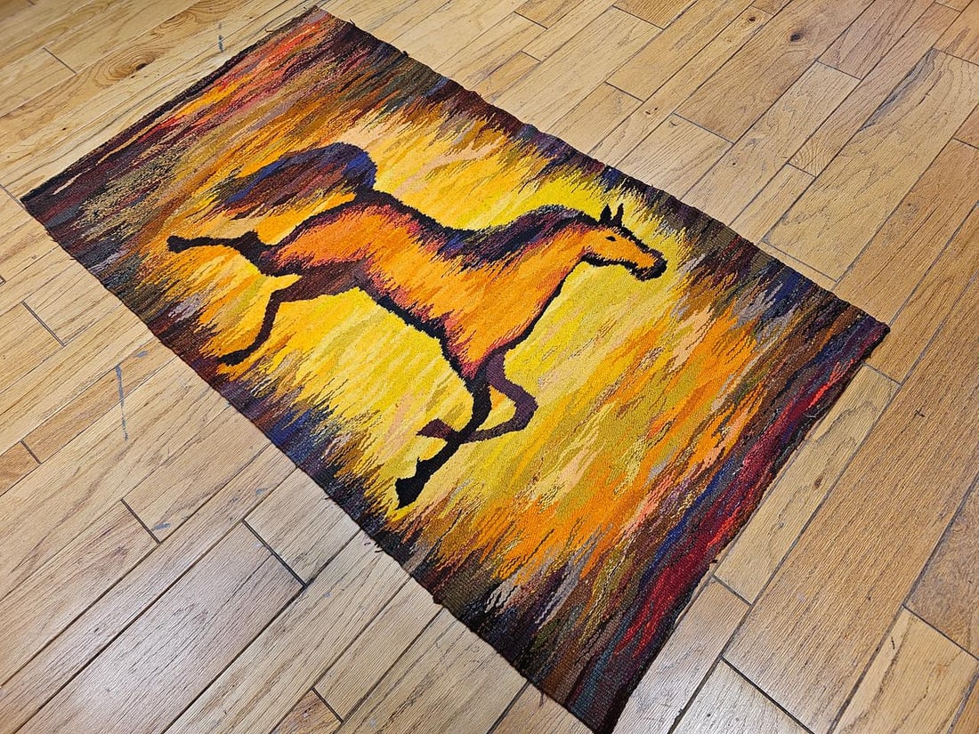 Mid-Century Handwoven Tapestry of Galloping Horse, Vintage Wall Art, 38" X 68" - 10