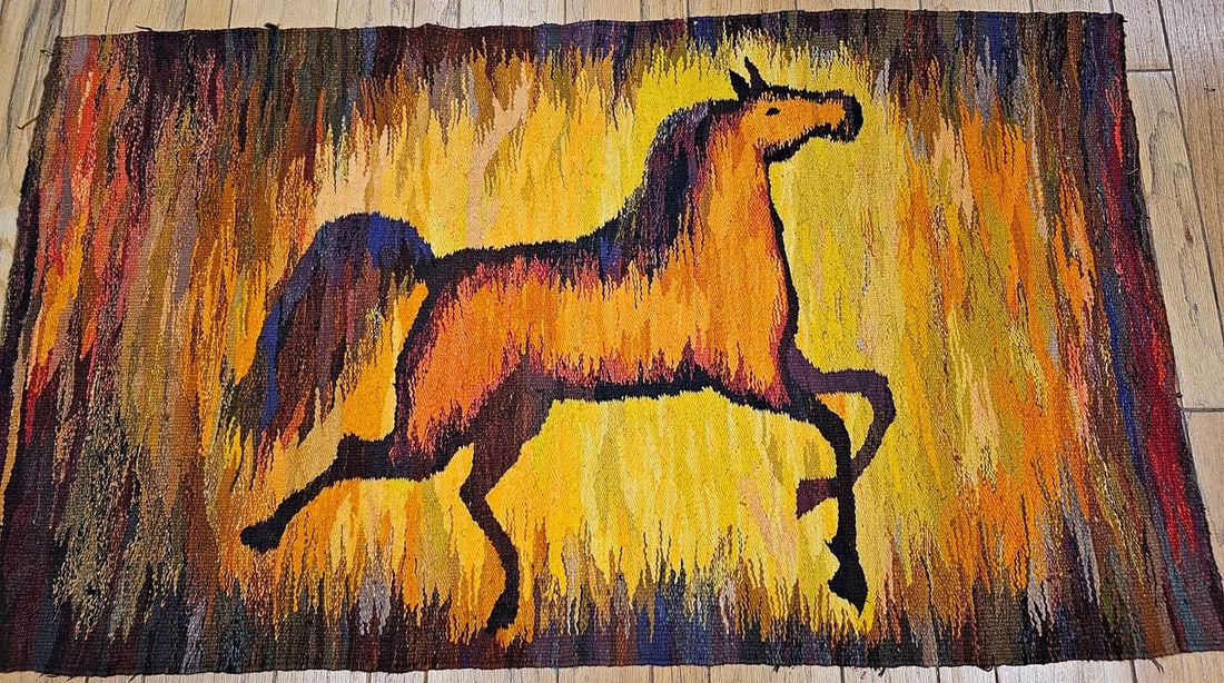 Mid-Century Handwoven Tapestry of Galloping Horse, Vintage Wall Art, 38" X 68" - 11