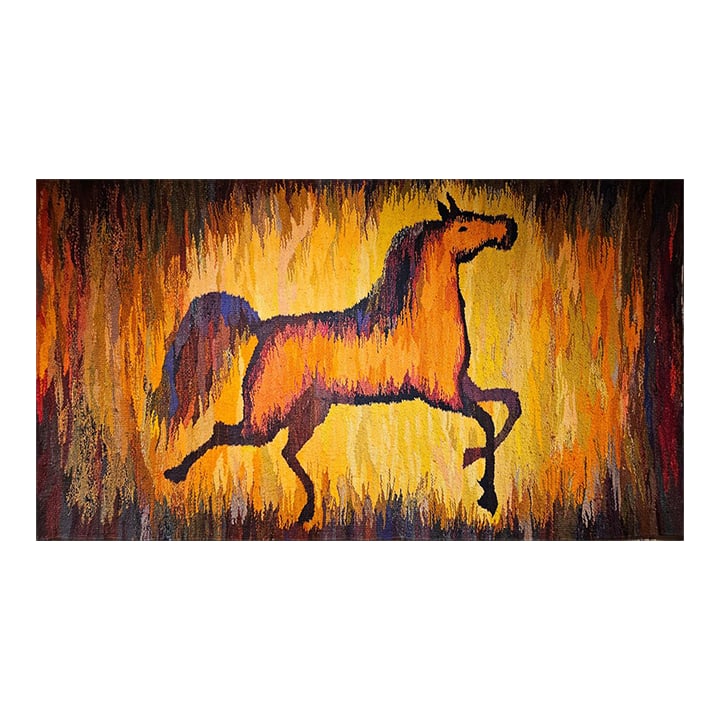 Mid-Century Handwoven Tapestry of Galloping Horse, Vintage Wall Art, 38" X 68": This stunning mid-century hand-woven tapestry captures the dynamic energy of a galloping horse in a composition of extraordinary vitality and movement "” rendered in vibrant earth-tone hues