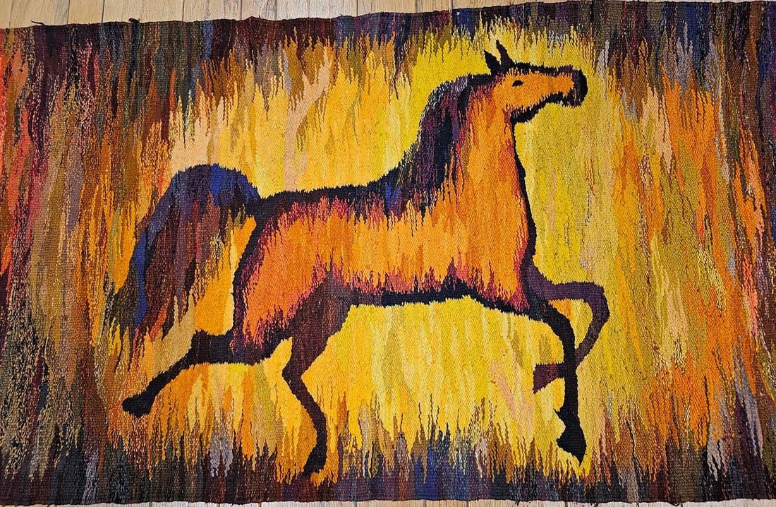 Mid-Century Handwoven Tapestry of Galloping Horse, Vintage Wall Art, 38" X 68" - 2