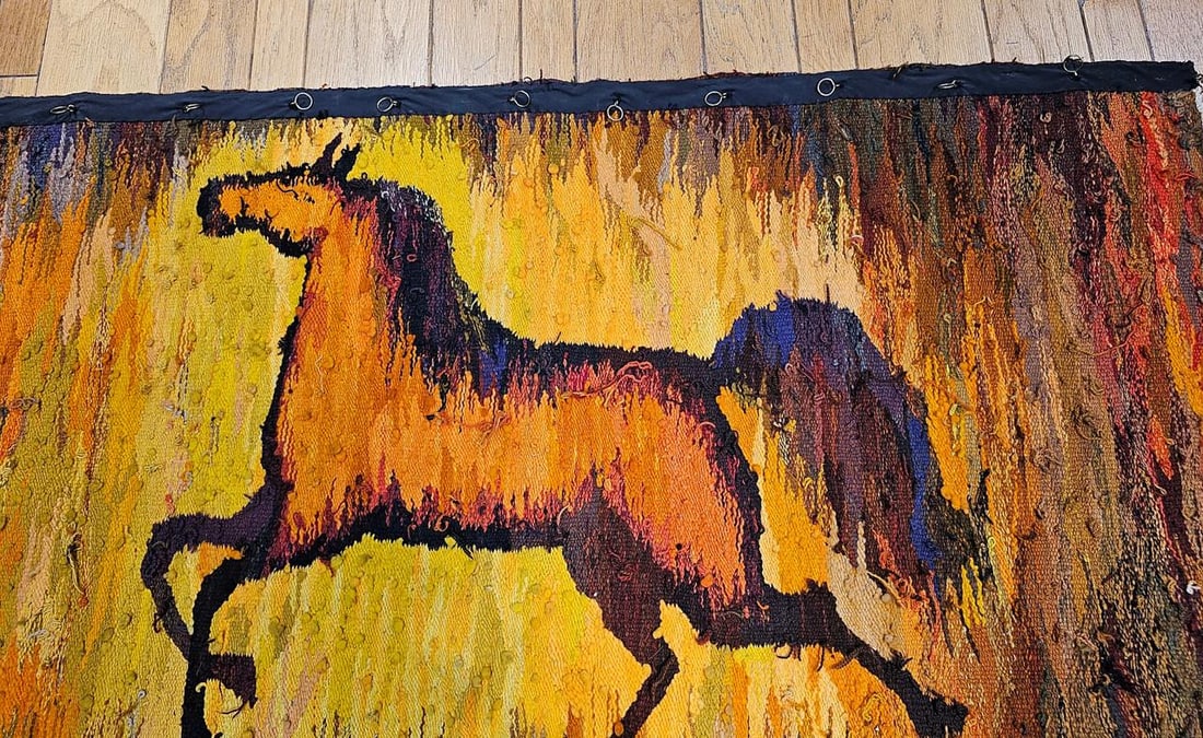 Mid-Century Handwoven Tapestry of Galloping Horse, Vintage Wall Art, 38" X 68" - 3