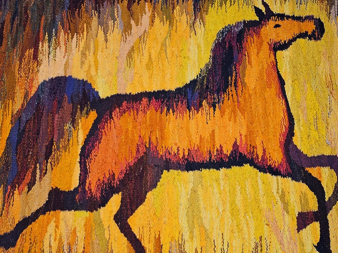 Mid-Century Handwoven Tapestry of Galloping Horse, Vintage Wall Art, 38" X 68" - 5