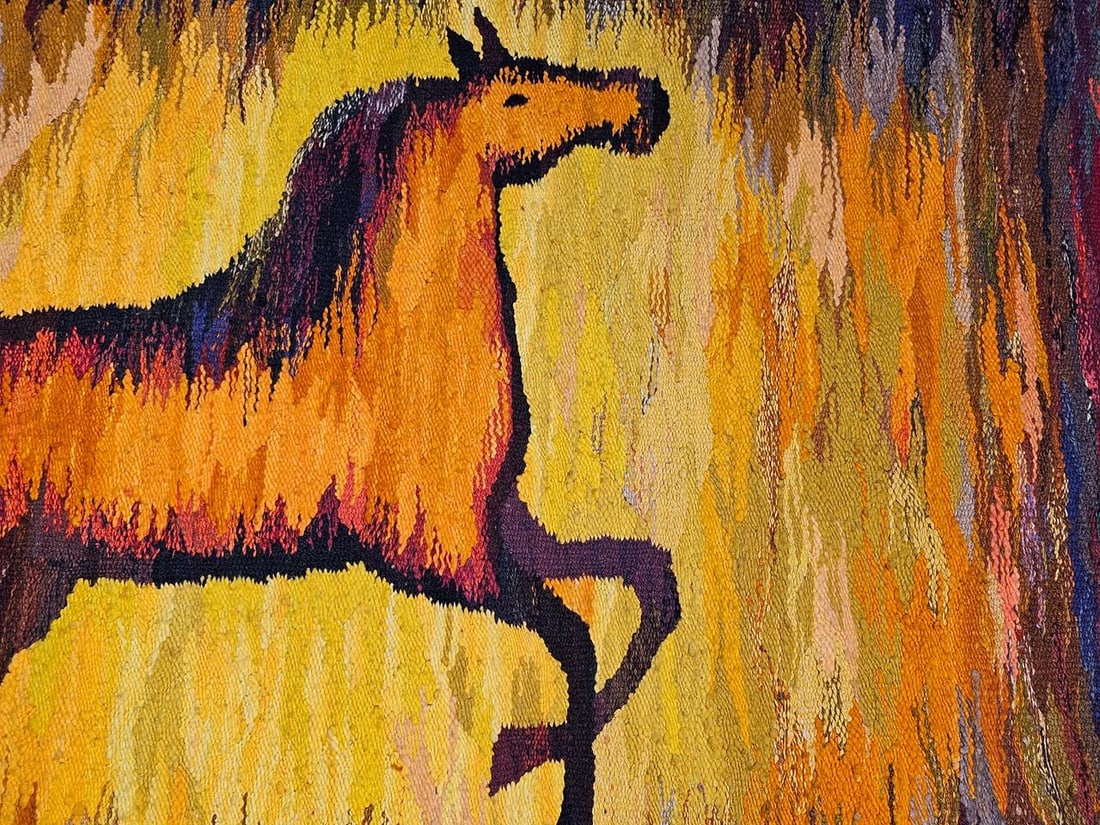 Mid-Century Handwoven Tapestry of Galloping Horse, Vintage Wall Art, 38" X 68" - 6