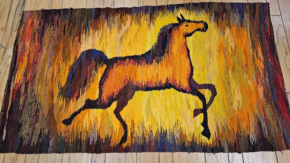 Mid-Century Handwoven Tapestry of Galloping Horse, Vintage Wall Art, 38" X 68" - 7
