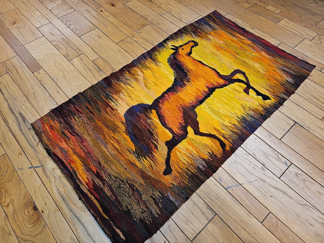 Mid-Century Handwoven Tapestry of Galloping Horse, Vintage Wall Art, 38" X 68" - 8