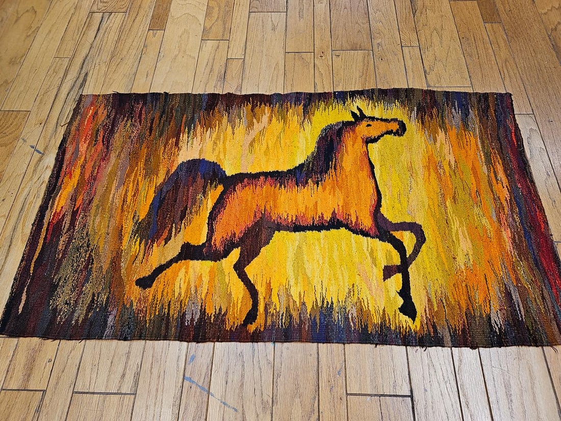 Mid-Century Handwoven Tapestry of Galloping Horse, Vintage Wall Art, 38" X 68" - 9