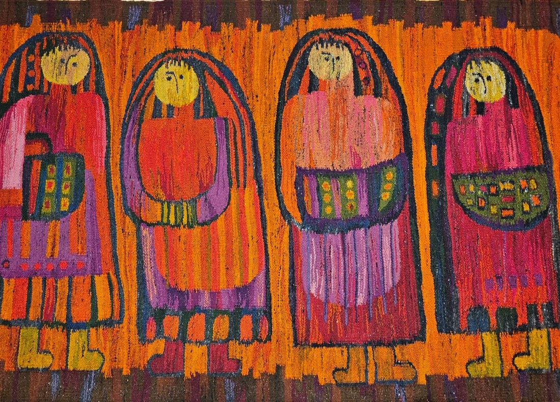 Vintage Mid-Century Tapestry of Schoolgirls, Handwoven Wool Wall Art, 38" X 70" - 2
