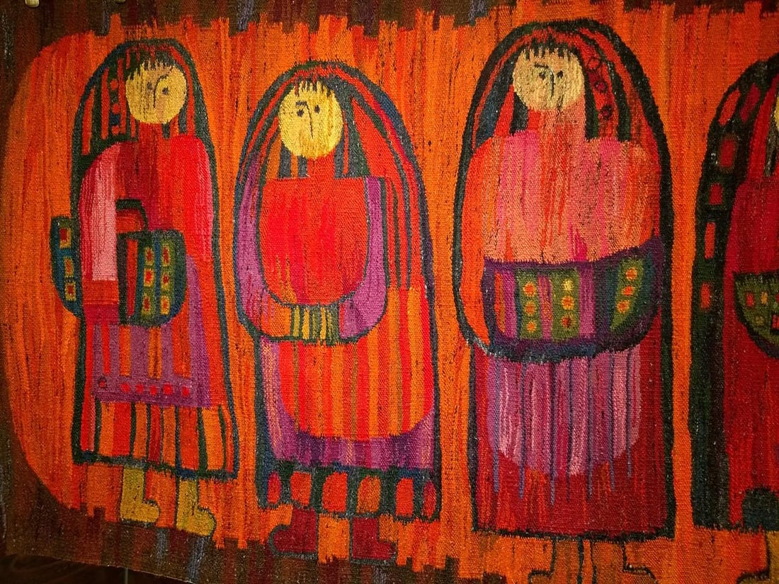 Vintage Mid-Century Tapestry of Schoolgirls, Handwoven Wool Wall Art, 38" X 70" - 5