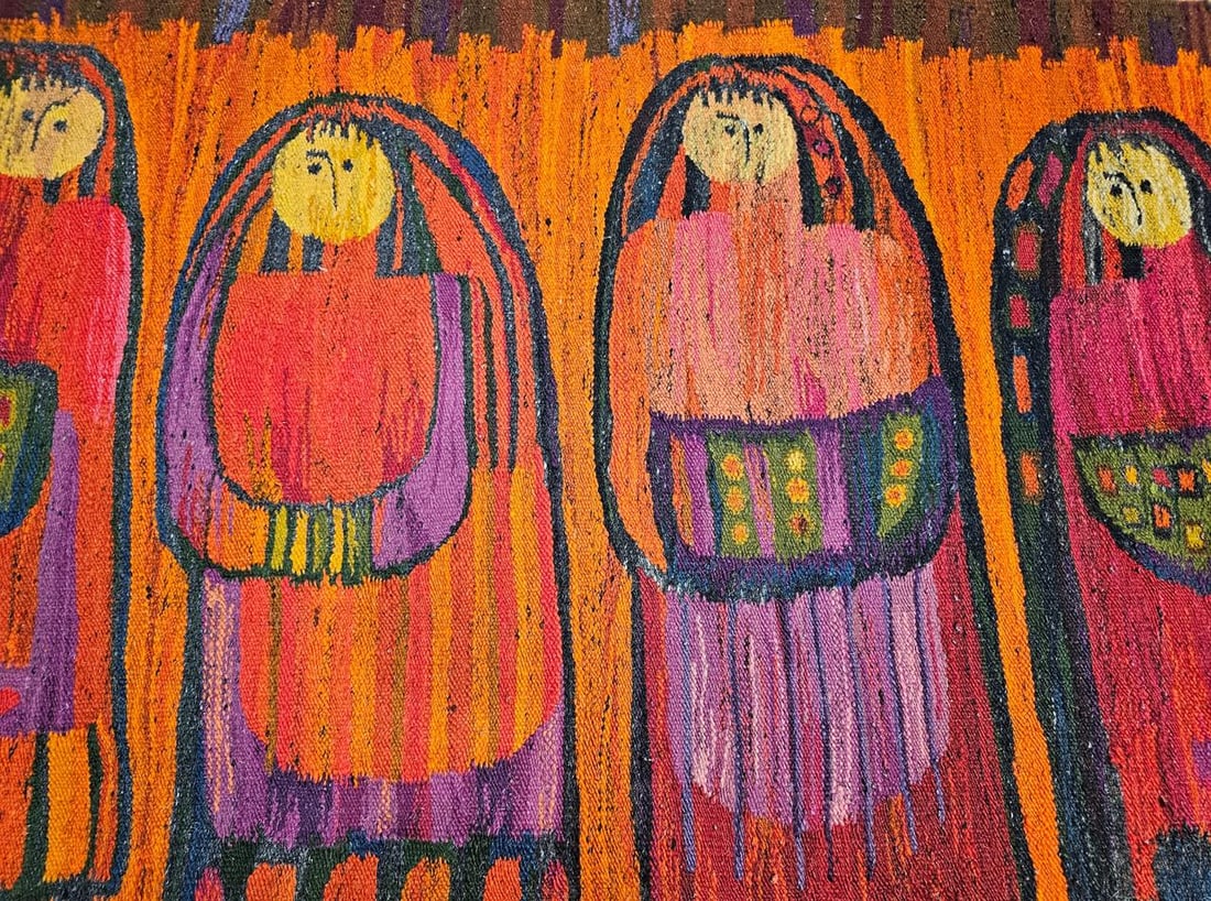 Vintage Mid-Century Tapestry of Schoolgirls, Handwoven Wool Wall Art, 38" X 70" - 6