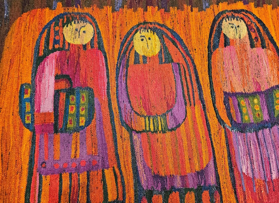 Vintage Mid-Century Tapestry of Schoolgirls, Handwoven Wool Wall Art, 38" X 70" - 8
