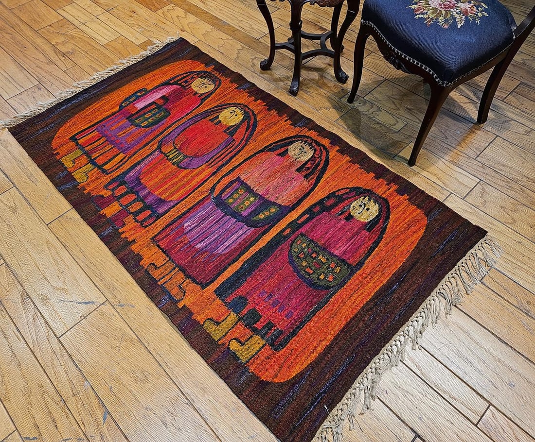 Vintage Mid-Century Tapestry of Schoolgirls, Handwoven Wool Wall Art, 38" X 70" - 9