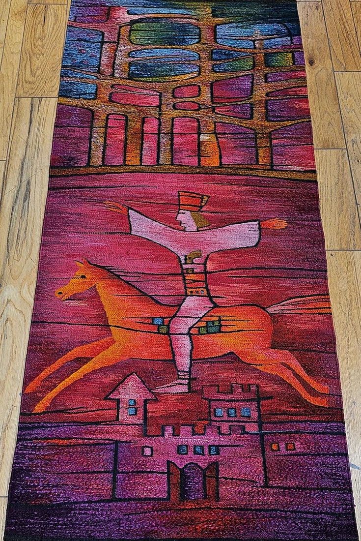 Vintage Mid-Century Tapestry, Handwoven Wool, Folkloric Rider Design, 40" X 86" - 2