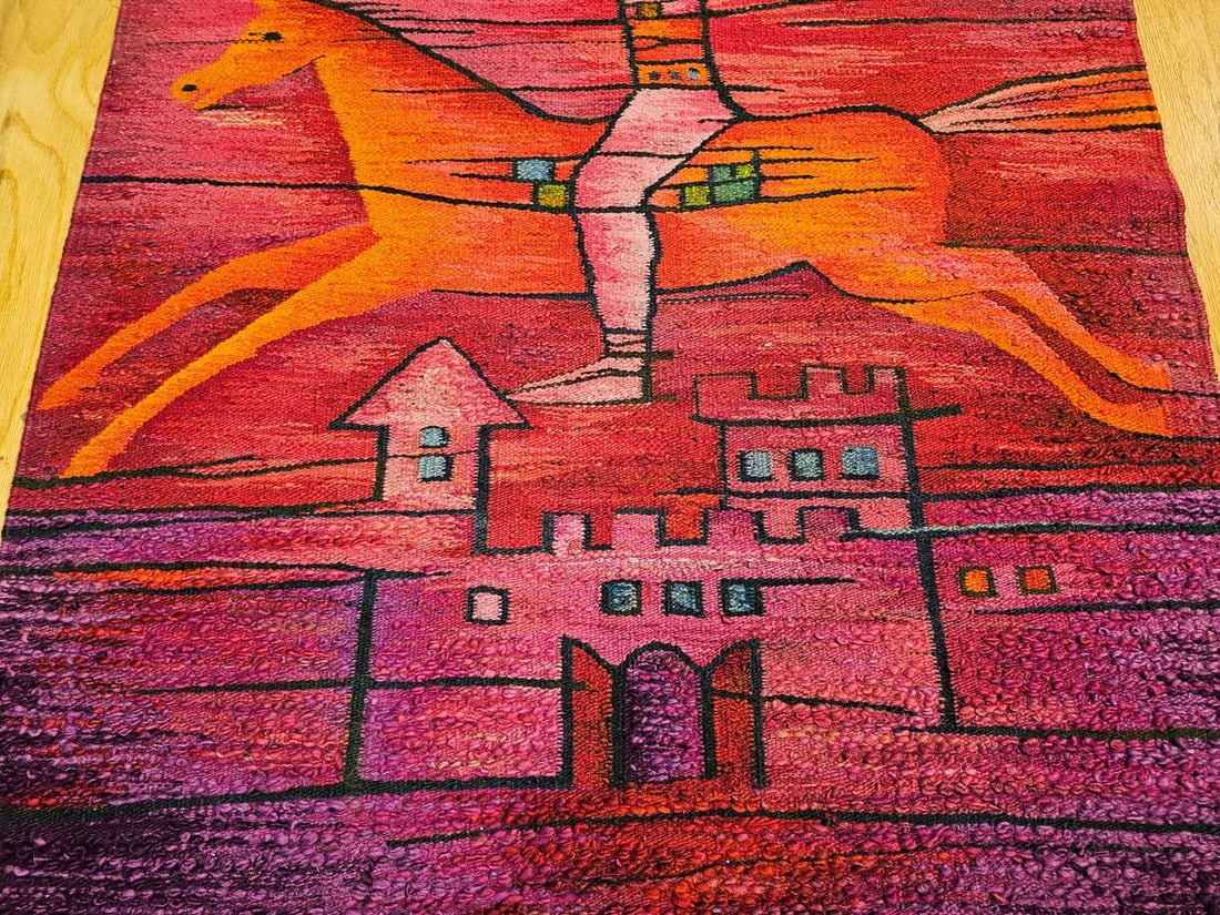 Vintage Mid-Century Tapestry, Handwoven Wool, Folkloric Rider Design, 40" X 86" - 3