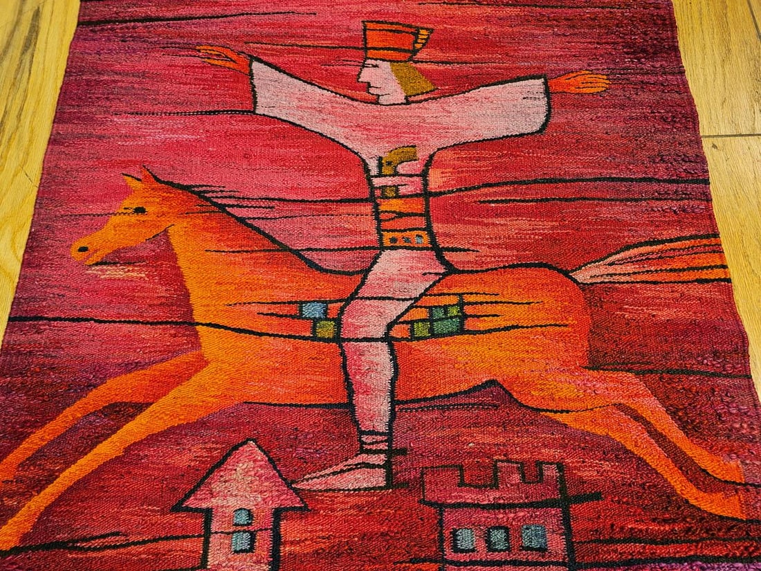 Vintage Mid-Century Tapestry, Handwoven Wool, Folkloric Rider Design, 40" X 86" - 4