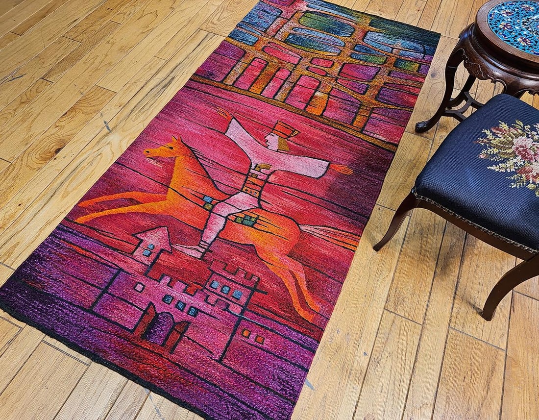 Vintage Mid-Century Tapestry, Handwoven Wool, Folkloric Rider Design, 40" X 86" - 6