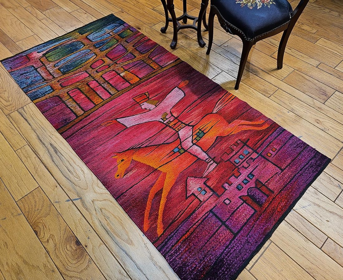 Vintage Mid-Century Tapestry, Handwoven Wool, Folkloric Rider Design, 40" X 86" - 7