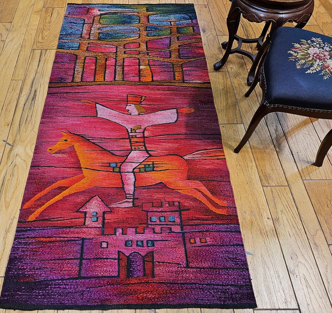 Vintage Mid-Century Tapestry, Handwoven Wool, Folkloric Rider Design, 40" X 86" - 8