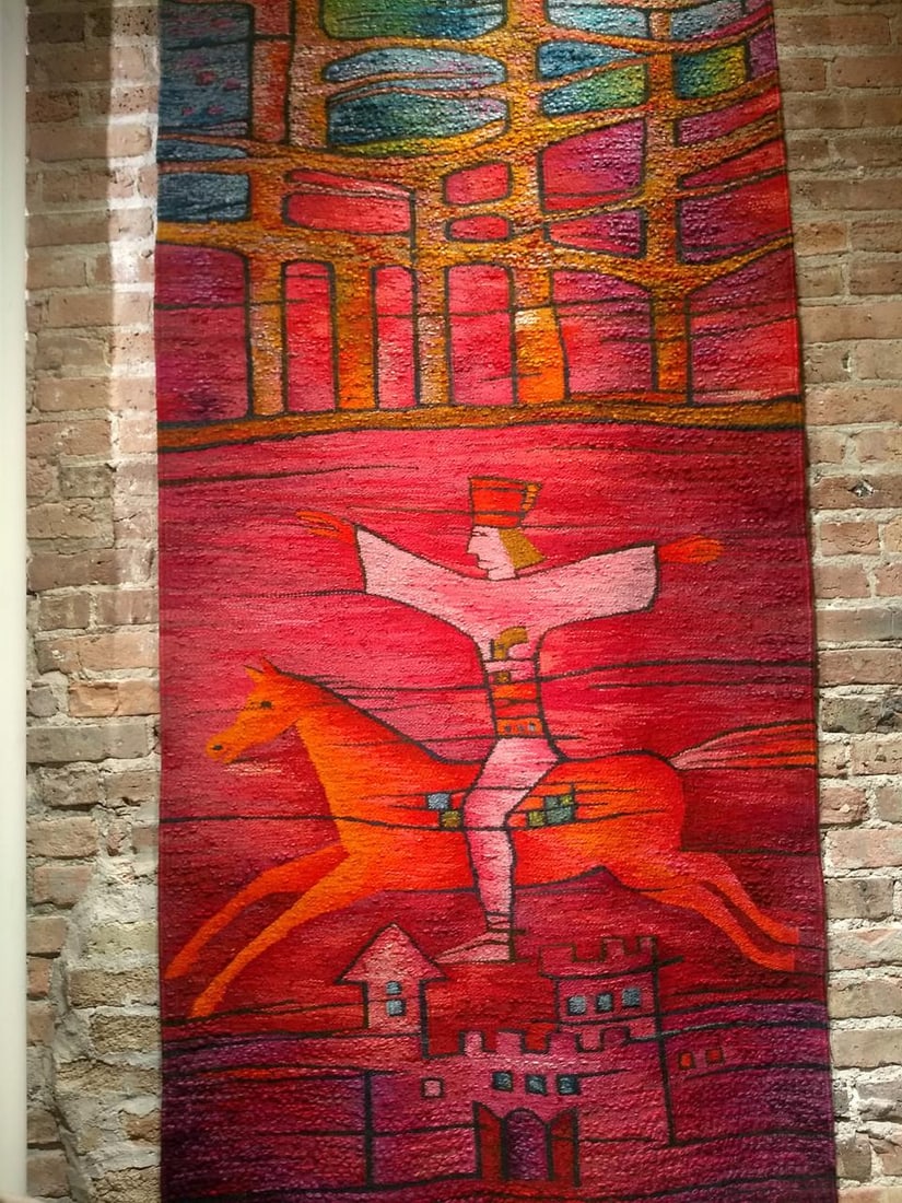 Vintage Mid-Century Tapestry, Handwoven Wool, Folkloric Rider Design, 40" X 86" - 9