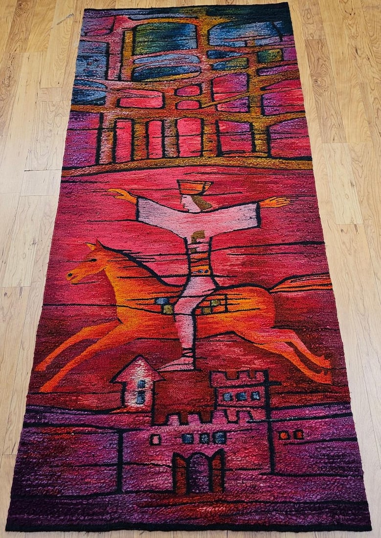 Vintage Mid-Century Tapestry, Wool and Cotton, Folkloric Rider Design, 40" X 86" - 2