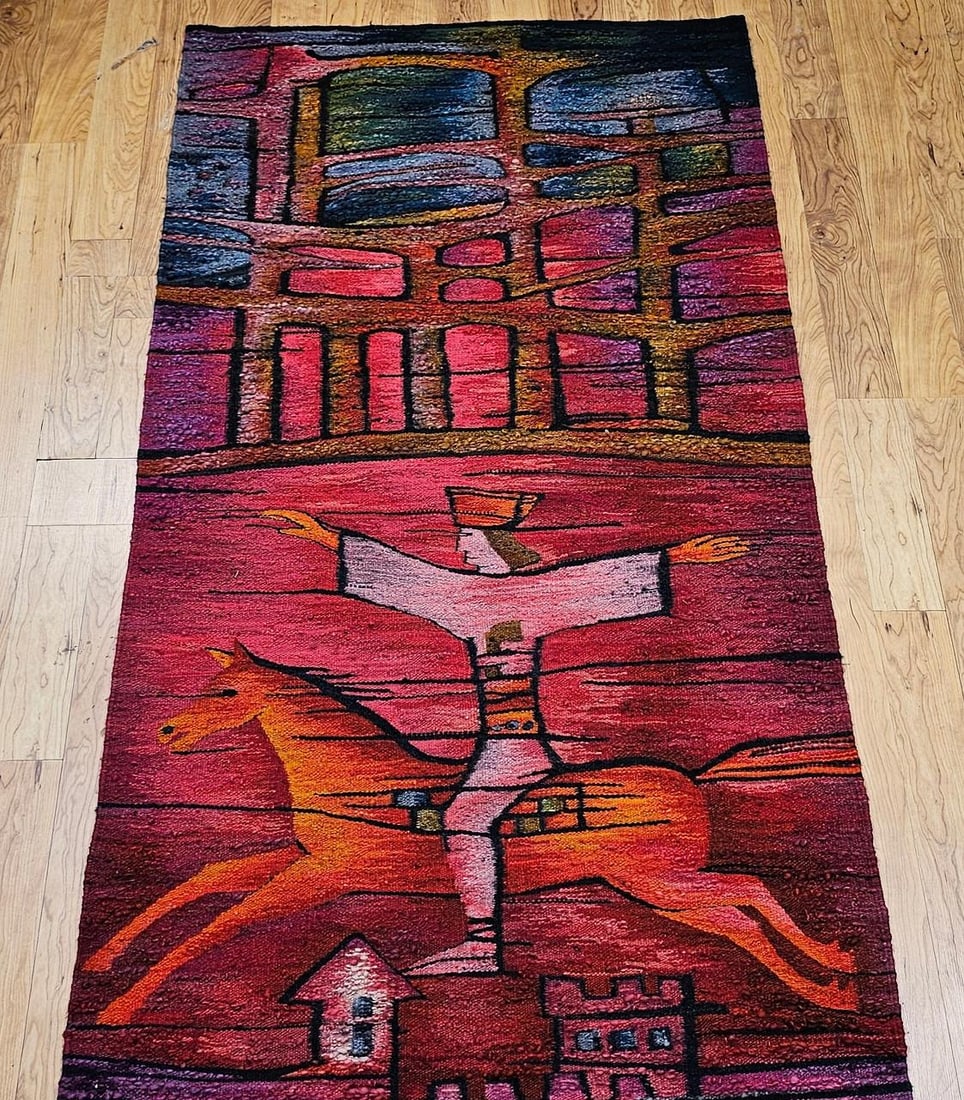 Vintage Mid-Century Tapestry, Wool and Cotton, Folkloric Rider Design, 40" X 86" - 3