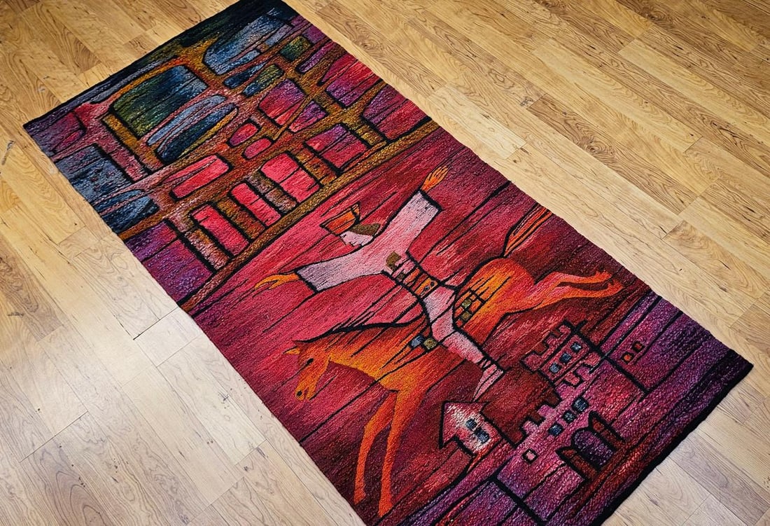 Vintage Mid-Century Tapestry, Wool and Cotton, Folkloric Rider Design, 40" X 86" - 4