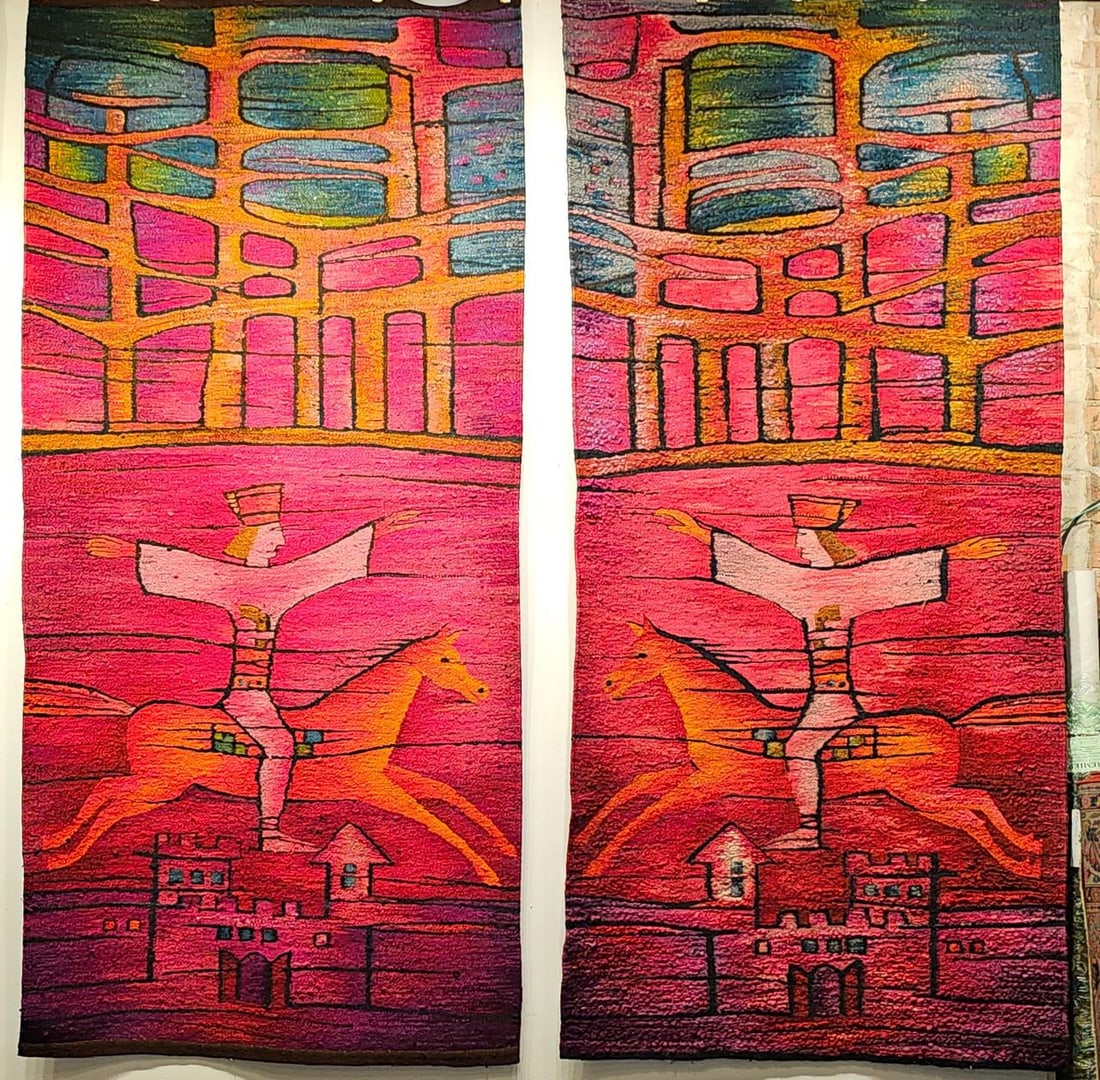 Vintage Mid-Century Tapestry, Wool and Cotton, Folkloric Rider Design, 40" X 86" - 7